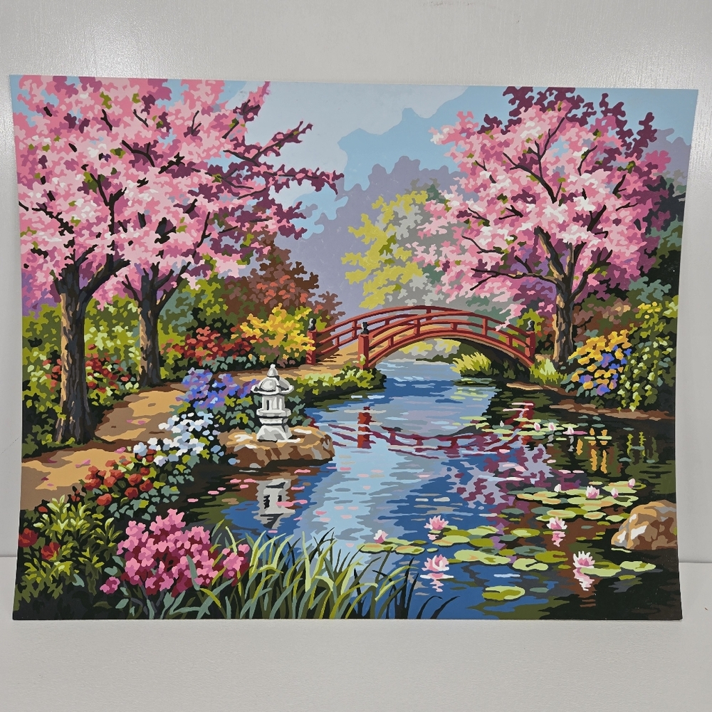 Japanese Garden Cherry Blossom Finished Acrylic Painting Paint By Number 20x16